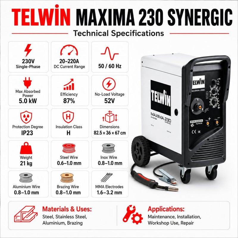 TELWIN Maxima 230 Synergic Multiprocess Inverter Welding Machine 230V With MIG-MAG, Flux, Brazing, MMA And TIG DC-Lift, 220A Output - Image 2