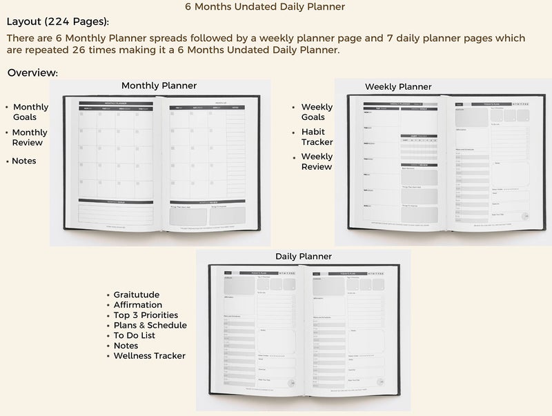 LAURET BLANC Daily, Weekly, Monthly Planner and Organizer, Habit Tracker, Gratitude and Affirmation Notebook Journal- A5 Size, 224 Pages, 90 GSM, Plan for 6 Months, Hardbound - Image 3