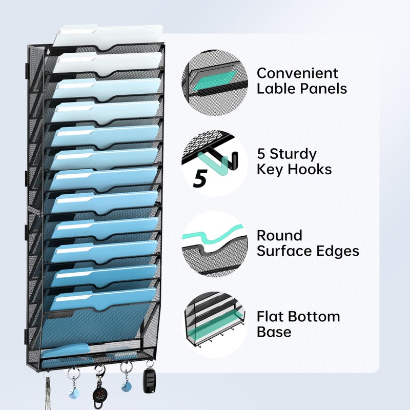 SUPEASY 13-Tier Wall File Organizer, Wall File Holder with Hooks, Mesh Hanging File Organizer, Mail Organizer Wall Mounted for Papers, Folders, Office Magazine Rack, Assembly Needed, Black - Image 5