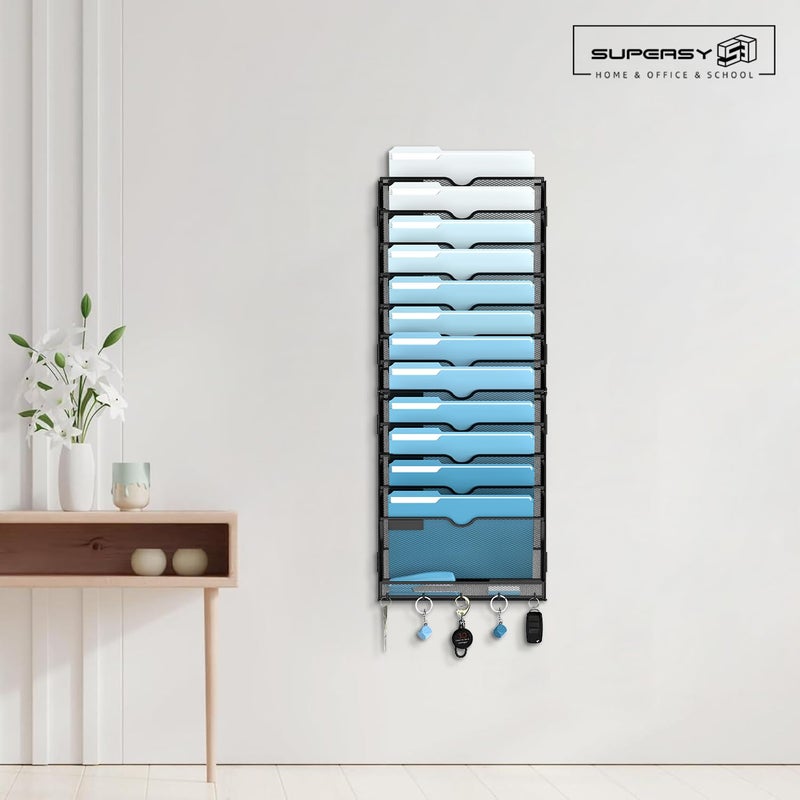 SUPEASY 13-Tier Wall File Organizer, Wall File Holder with Hooks, Mesh Hanging File Organizer, Mail Organizer Wall Mounted for Papers, Folders, Office Magazine Rack, Assembly Needed, Black - Image 2