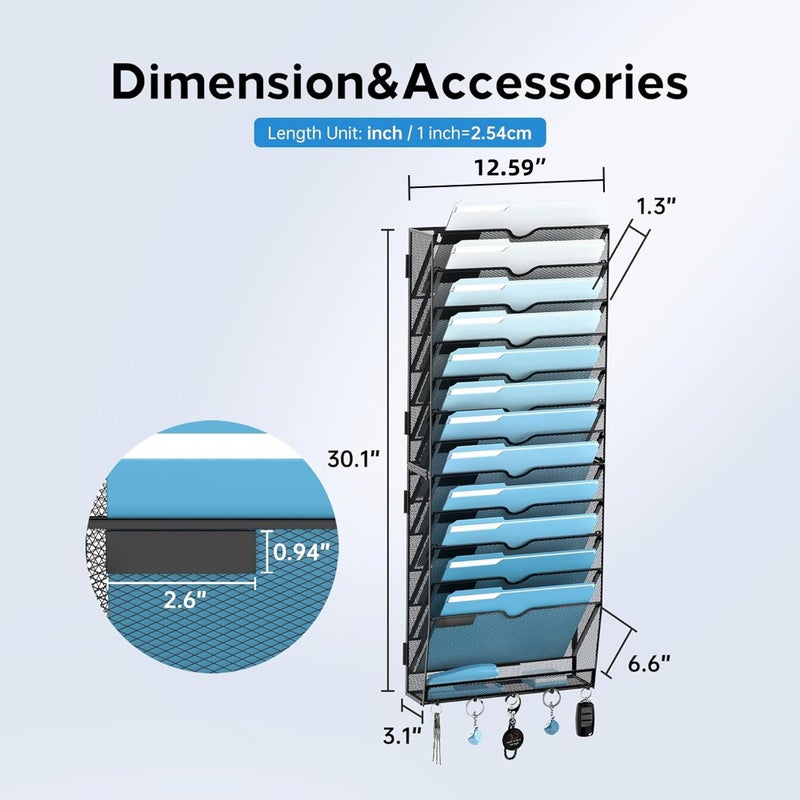 SUPEASY 13-Tier Wall File Organizer, Wall File Holder with Hooks, Mesh Hanging File Organizer, Mail Organizer Wall Mounted for Papers, Folders, Office Magazine Rack, Assembly Needed, Black - Image 4