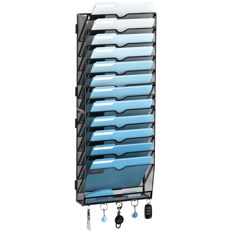 SUPEASY 13-Tier Wall File Organizer, Wall File Holder with Hooks, Mesh Hanging File Organizer, Mail Organizer Wall Mounted for Papers, Folders, Office Magazine Rack, Assembly Needed, Black - Image 1