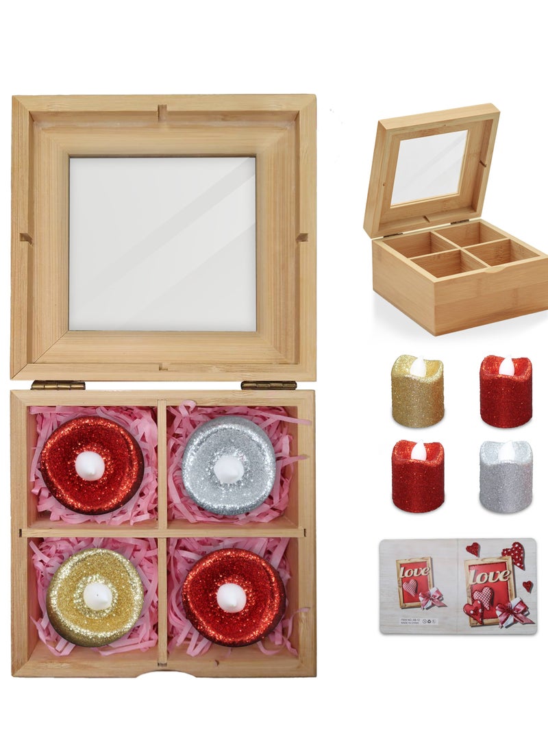 Jinou Mother's Day Gift – Artificial Candle lights (4Pcs) Encased in Premium Quality Bamboo wooden box – Gift for Wife, Husband, Boyfriend and Girlfriend  - Image 1