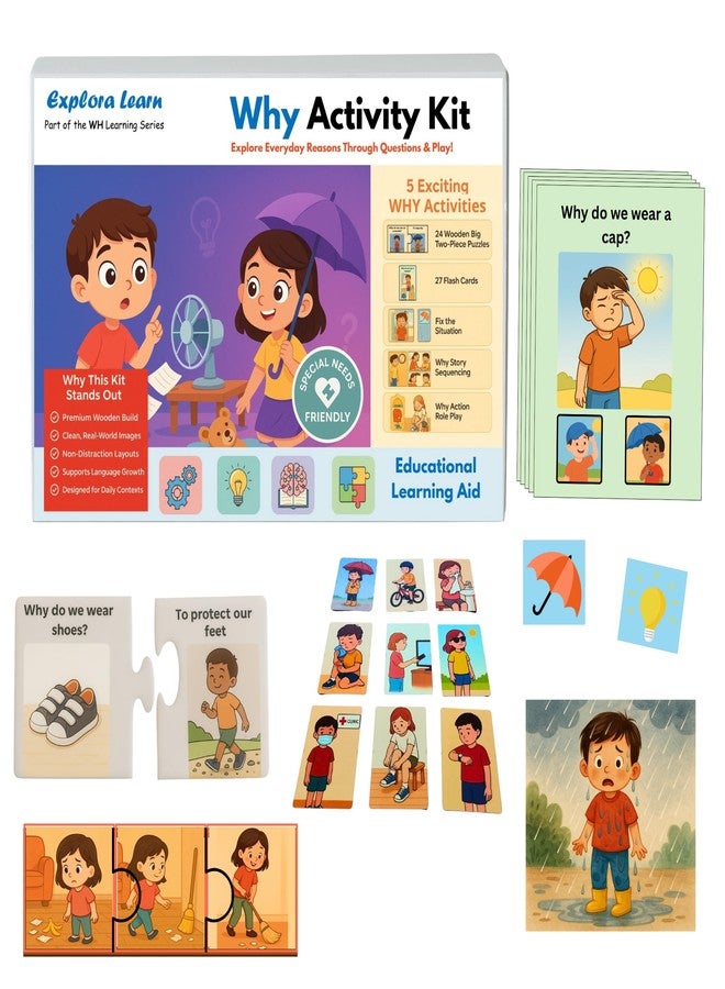 Exploralearn WH Series - Why Kit | 5-in-1 Activity Box with Wooden Puzzles, Flashcards & Story Sequencing | Autism & Speech Friendly | Age 4+ | Build Logic & Emotional Reasoning - Image 1