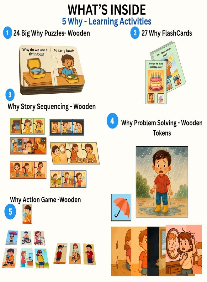 Exploralearn WH Series - Why Kit | 5-in-1 Activity Box with Wooden Puzzles, Flashcards & Story Sequencing | Autism & Speech Friendly | Age 4+ | Build Logic & Emotional Reasoning - Image 2