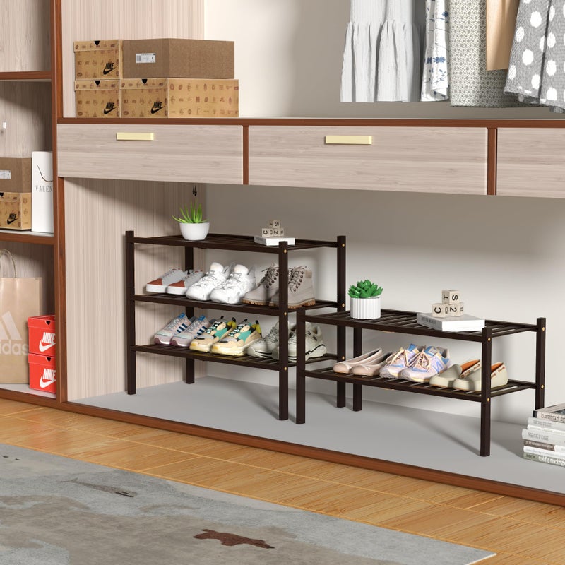 ROMGUAR CRAFT 3 Tier Bamboo Shoe Rack for Closet Free Standing Wood Shoe Shelf for Entryway Small Space Stackable 27"x11"x20" (Brown) - Image 3