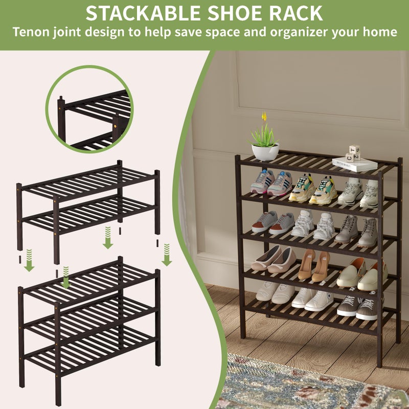ROMGUAR CRAFT 3 Tier Bamboo Shoe Rack for Closet Free Standing Wood Shoe Shelf for Entryway Small Space Stackable 27"x11"x20" (Brown) - Image 4