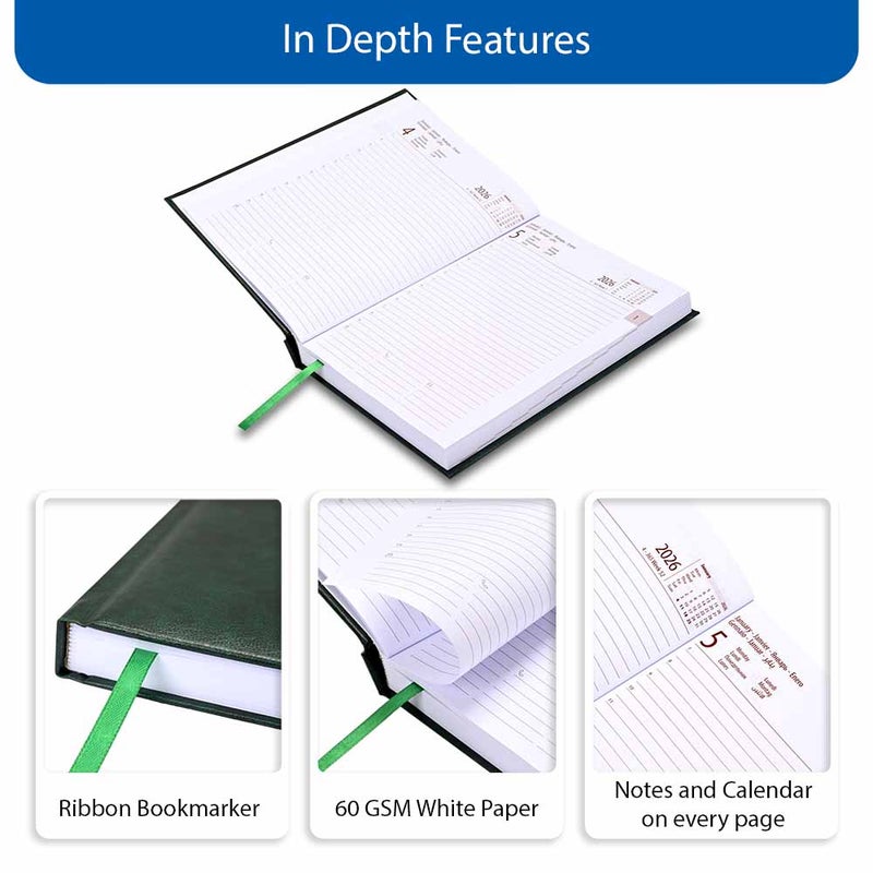 FIS 2026 International A5 Diary, 148x210mm, Hard Cover Vinyl Materials, 1 Day a Page Format, 7 Multi Languages, 60gsm White Paper, Green Cover - FSDI136-7V26GR - Image 5