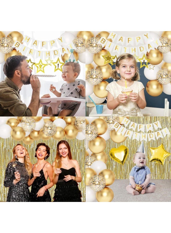 Capstro Platinum Gold Birthday Balloon Decoration Set – Happy Birthday Banner & Balloon Arch Kit with Metallic Gold, White & Confetti Latex Balloons, Star & Heart Foil Balloons, Tinsel Curtain Backdrop – Platinum Gold Theme - Image 4