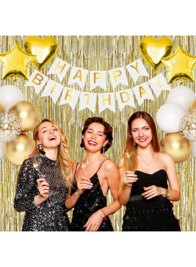 Capstro Platinum Gold Birthday Balloon Decoration Set – Happy Birthday Banner & Balloon Arch Kit with Metallic Gold, White & Confetti Latex Balloons, Star & Heart Foil Balloons, Tinsel Curtain Backdrop – Platinum Gold Theme - Image 5