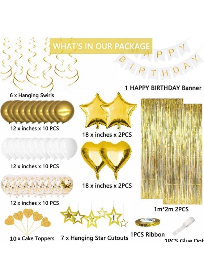 Capstro Platinum Gold Birthday Balloon Decoration Set – Happy Birthday Banner & Balloon Arch Kit with Metallic Gold, White & Confetti Latex Balloons, Star & Heart Foil Balloons, Tinsel Curtain Backdrop – Platinum Gold Theme - Image 2