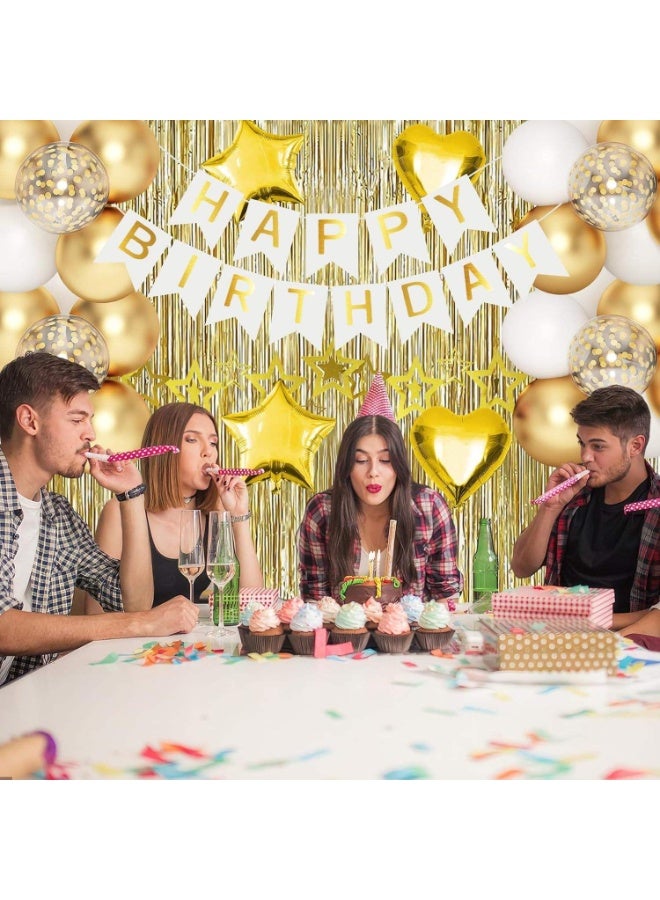 Capstro Platinum Gold Birthday Balloon Decoration Set – Happy Birthday Banner & Balloon Arch Kit with Metallic Gold, White & Confetti Latex Balloons, Star & Heart Foil Balloons, Tinsel Curtain Backdrop – Platinum Gold Theme - Image 3