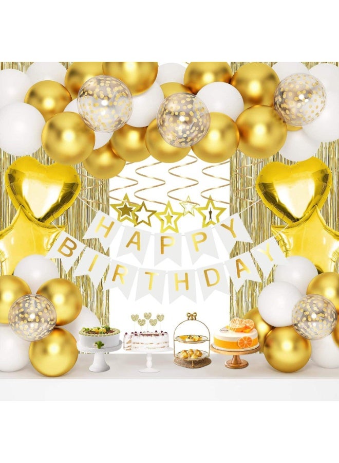 Capstro Platinum Gold Birthday Balloon Decoration Set – Happy Birthday Banner & Balloon Arch Kit with Metallic Gold, White & Confetti Latex Balloons, Star & Heart Foil Balloons, Tinsel Curtain Backdrop – Platinum Gold Theme - Image 1