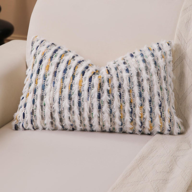 KOOLIFE Boho Lumbar Pillow Cover 12x20 Inch Pack of 1 Farmhouse Rectangle Decorative Couch Throw Pillow Cover Mixed Blue Chenille Tufted Striped Pillowcase for Living Room Sofa Bed - Image 1
