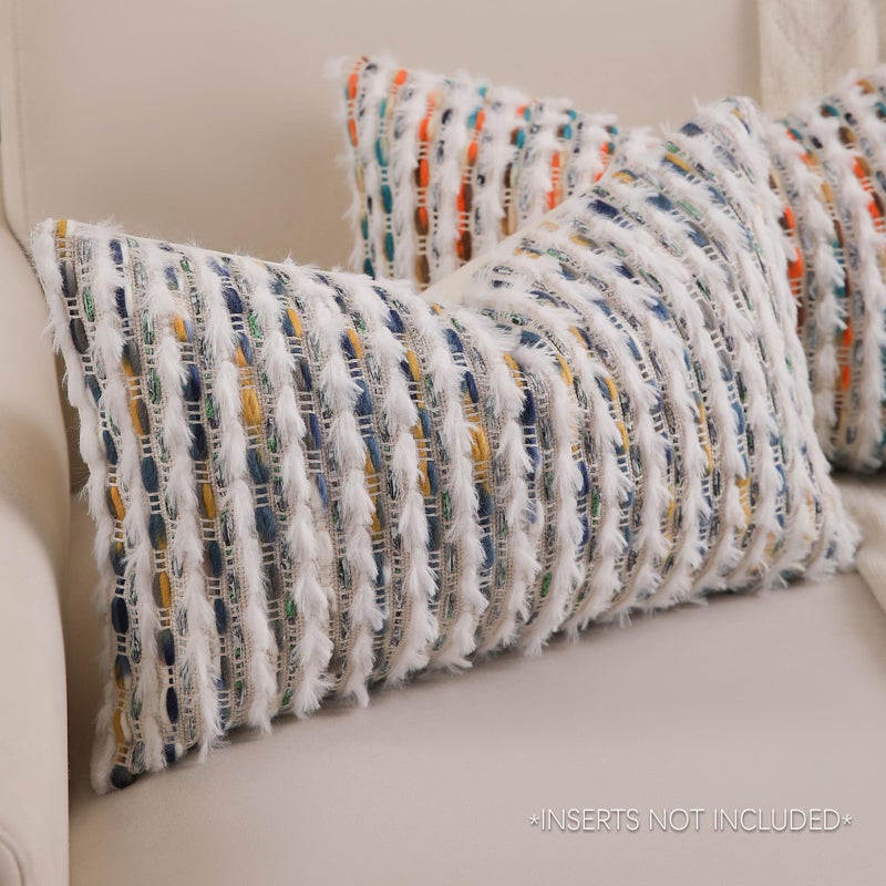 KOOLIFE Boho Lumbar Pillow Cover 12x20 Inch Pack of 1 Farmhouse Rectangle Decorative Couch Throw Pillow Cover Mixed Blue Chenille Tufted Striped Pillowcase for Living Room Sofa Bed - Image 2