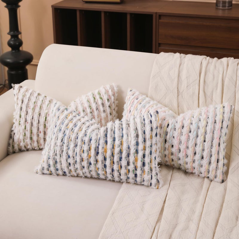 KOOLIFE Boho Lumbar Pillow Cover 12x20 Inch Pack of 1 Farmhouse Rectangle Decorative Couch Throw Pillow Cover Mixed Blue Chenille Tufted Striped Pillowcase for Living Room Sofa Bed - Image 3