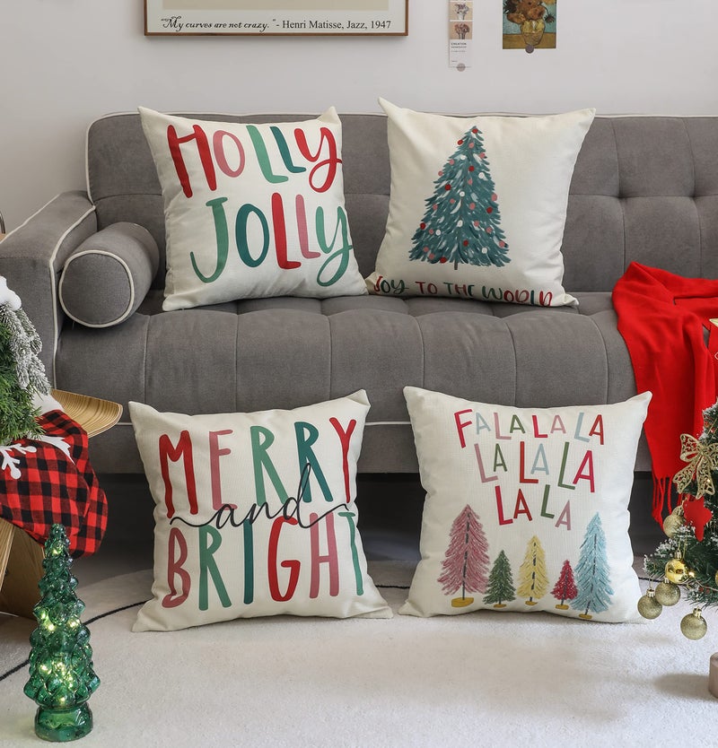 NEWLIGHTURE Merry Bright Christmas Pillow Covers Colorful Holiday Holly Jolly Set of 4 Winter Decorative Throw Pillow Covers Cushion Case for Home Sofa Bed Chair (20"" L x 20"" W) - Image 3