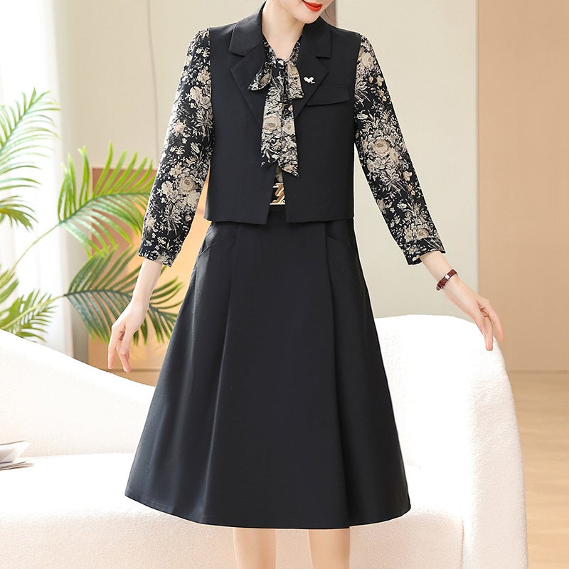 Moms autumn clothes dress Western style two-piece long-sleeved middle-aged and elderly autumn clothes suit plus size vest coat skirt Black - Image 1