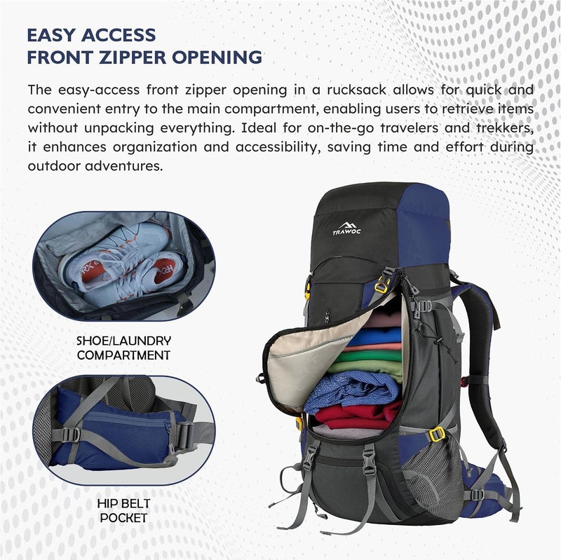 Trawoc TERRABOUND 60 Liter Camping Backpack Trekking Hiking Ruckssack Travel Bag Front & Top Loading Laptop/Rain Cover/Shoe Compartment, HK014 - Image 4