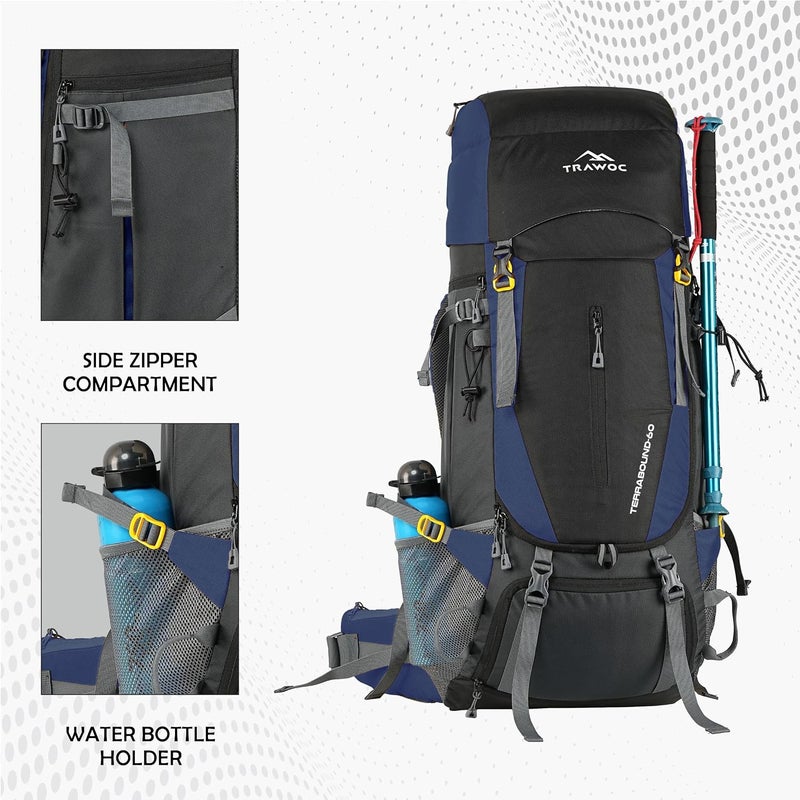Trawoc TERRABOUND 60 Liter Camping Backpack Trekking Hiking Ruckssack Travel Bag Front & Top Loading Laptop/Rain Cover/Shoe Compartment, HK014 - Image 5