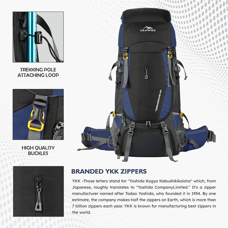 Trawoc TERRABOUND 60 Liter Camping Backpack Trekking Hiking Ruckssack Travel Bag Front & Top Loading Laptop/Rain Cover/Shoe Compartment, HK014 - Image 2