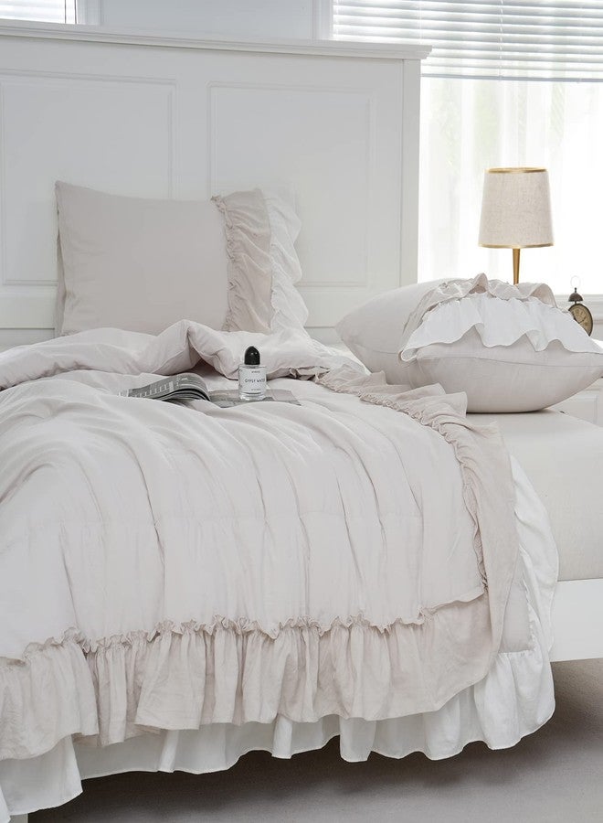 Bedding_Dreamer طقم لحاف بوهو شابي شيك - حجم كوين 2 طبقات مع كشكش بوهيمي لتزيين المنزل لحاف سرير وغطاء وسادة (كريم، كوين) - Image 4