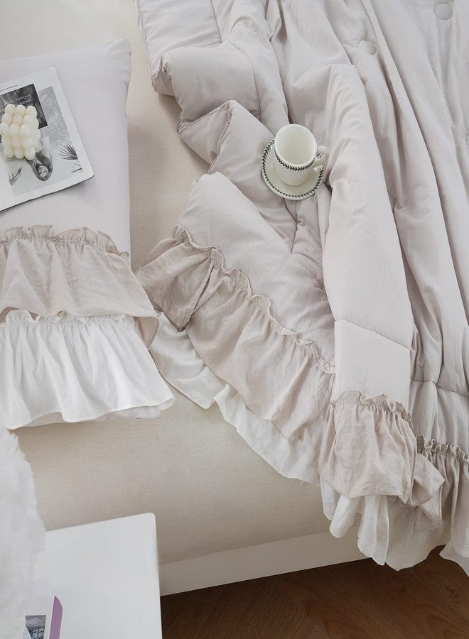 Bedding_Dreamer طقم لحاف بوهو شابي شيك - حجم كوين 2 طبقات مع كشكش بوهيمي لتزيين المنزل لحاف سرير وغطاء وسادة (كريم، كوين) - Image 5