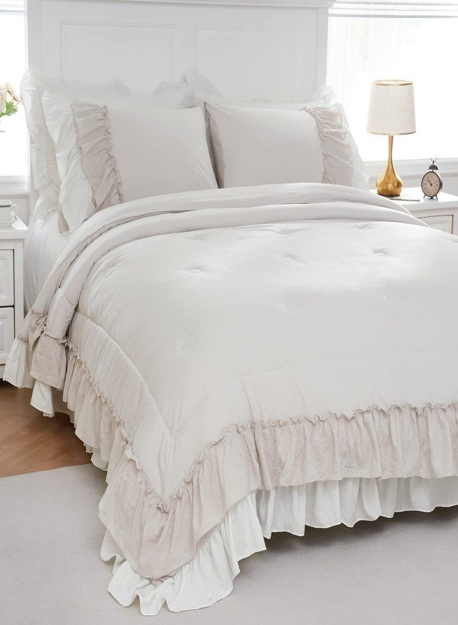 Bedding_Dreamer طقم لحاف بوهو شابي شيك - حجم كوين 2 طبقات مع كشكش بوهيمي لتزيين المنزل لحاف سرير وغطاء وسادة (كريم، كوين) - Image 1