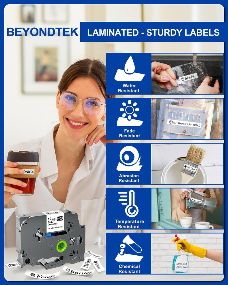 BEYONDTEK 6Pk Replace for Brother TZe Tz Tape 12mm 0.47 Laminated White Work with Brother 12mm .47 Laminated White Tz Tape P Touch Label Maker Refill TZe 231 for PT-D210 D220 D400 1180 1280 1890 2040,8m 26.2ft - Image 4