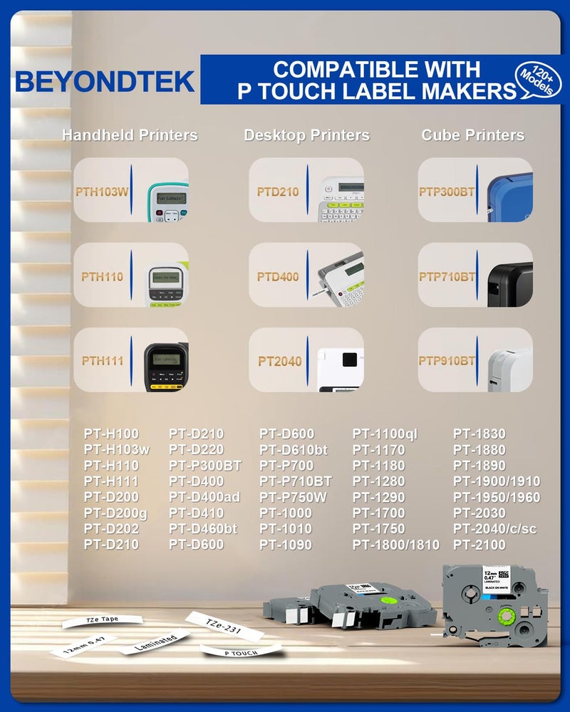 BEYONDTEK 6Pk Replace for Brother TZe Tz Tape 12mm 0.47 Laminated White Work with Brother 12mm .47 Laminated White Tz Tape P Touch Label Maker Refill TZe 231 for PT-D210 D220 D400 1180 1280 1890 2040,8m 26.2ft - Image 3