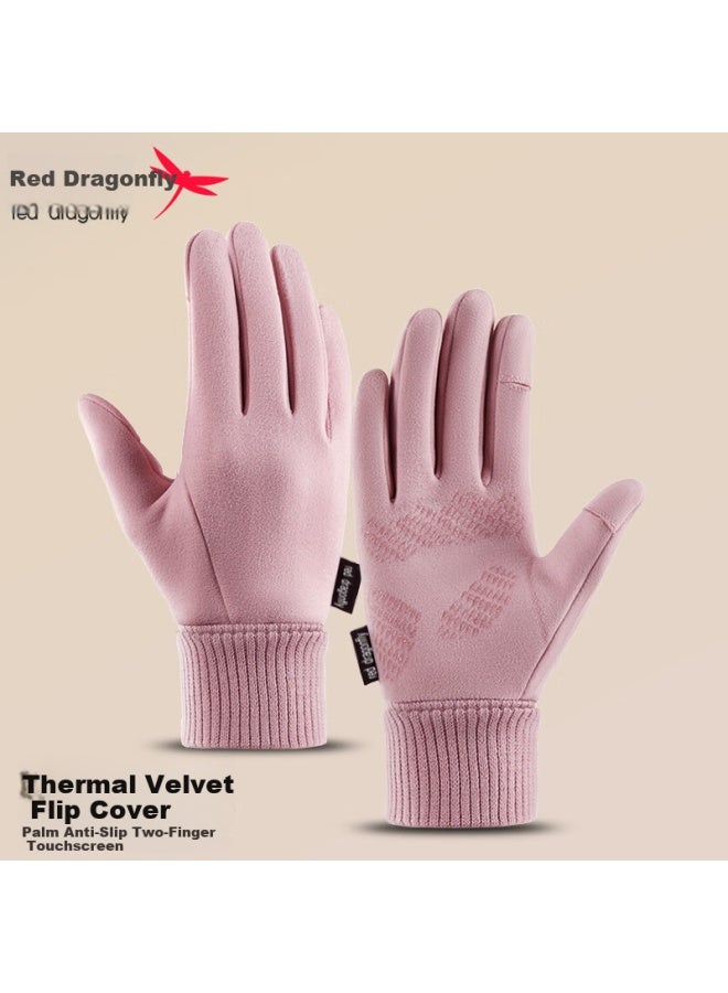 Red Dragonfly Women's Winter Cycling Fingerless Warm Gloves Electric Motorcycle Windproof Frostproof Cotton Gloves