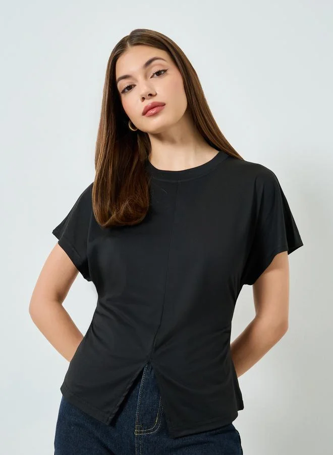 Styli Black Split Hem Round Neck T-Shirt