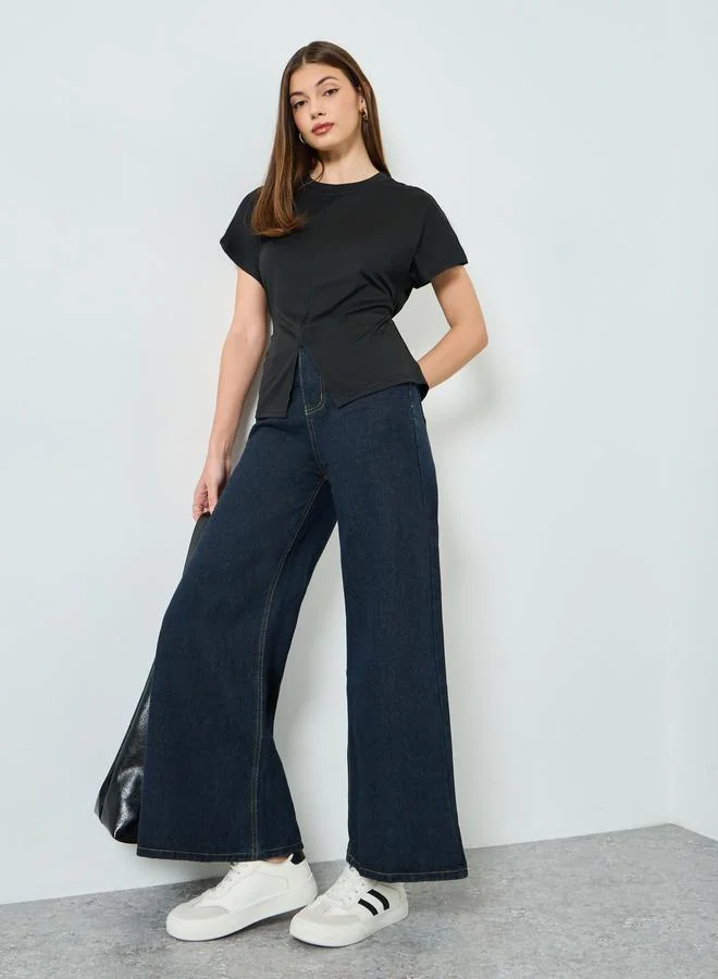 Styli Black Split Hem Round Neck T-Shirt