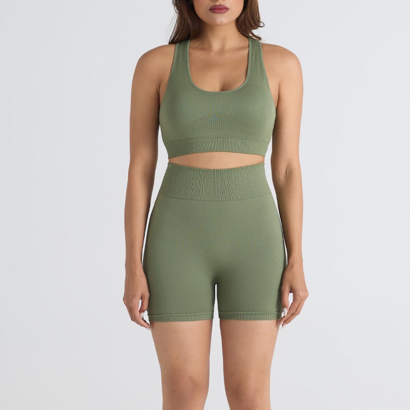 Generic Seamless Yoga Outfit Quick-Dry Fitness Set Green suit [shorts double-layer vest with chest pad]]