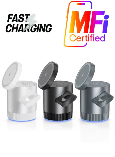 3-IN-1 Wireless charging station, 360° Rotating Magnetic Wireless Charger, Fast Charging Dock for iPhone, Apple Watch, AirPods, Multi-Device Charging Station