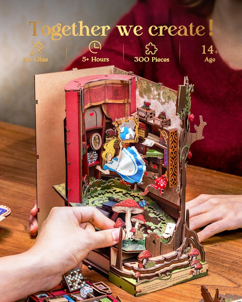 Rolife Book Nook Kit Fall into Wonder DIY Miniature Kit, 9.9" Tree Hollow Booknook 3D Wooden Puzzle with LEDs Fairy Tale Bookshelf Decor Gift for Adults Women Men - Image 5