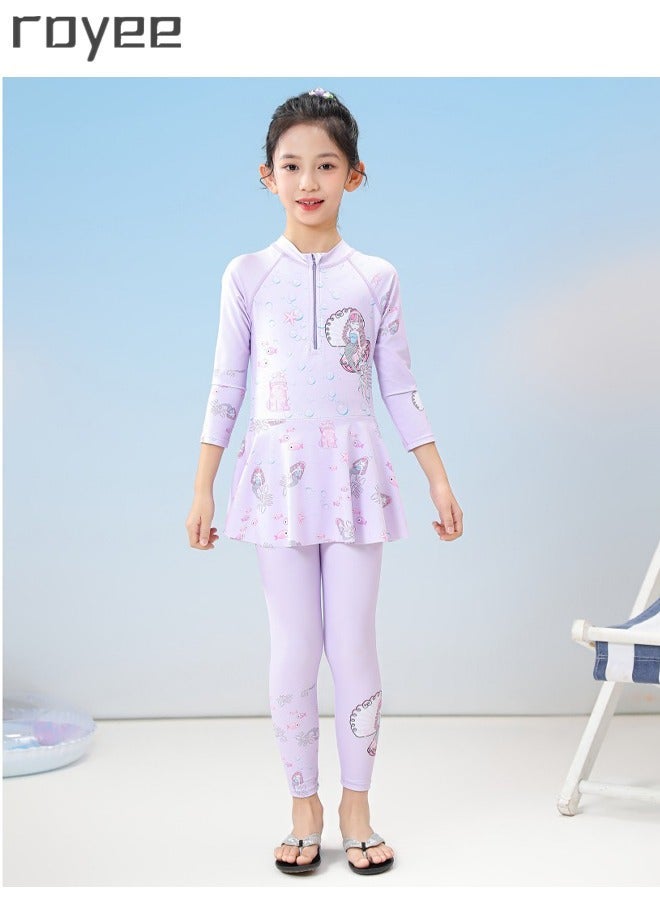Royee New Children's Mermaid Swimsuit, One-piece Swimsuit  With Long Pants, Long Sleeved For Middle-aged Girls,Swimwear With Sun Protection, Conservative Girls' Swimsuit - Image 1