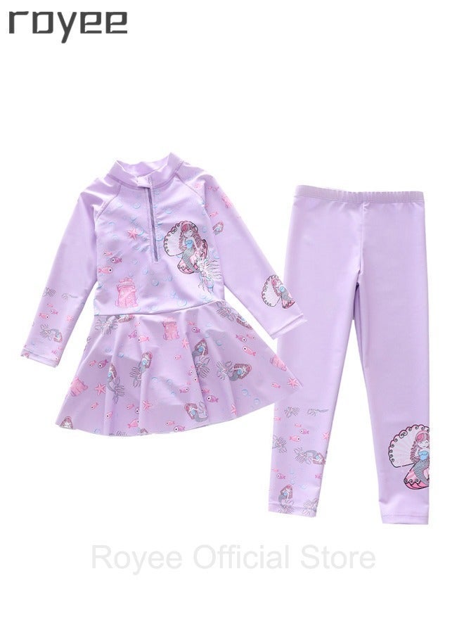 Royee New Children's Mermaid Swimsuit, One-piece Swimsuit  With Long Pants, Long Sleeved For Middle-aged Girls,Swimwear With Sun Protection, Conservative Girls' Swimsuit - Image 4