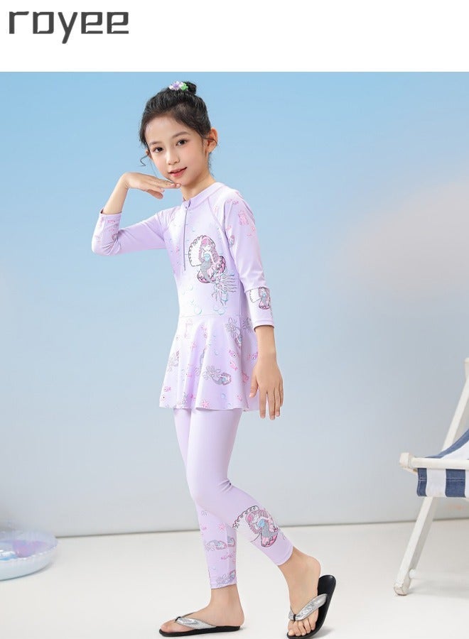 Royee New Children's Mermaid Swimsuit, One-piece Swimsuit  With Long Pants, Long Sleeved For Middle-aged Girls,Swimwear With Sun Protection, Conservative Girls' Swimsuit - Image 2