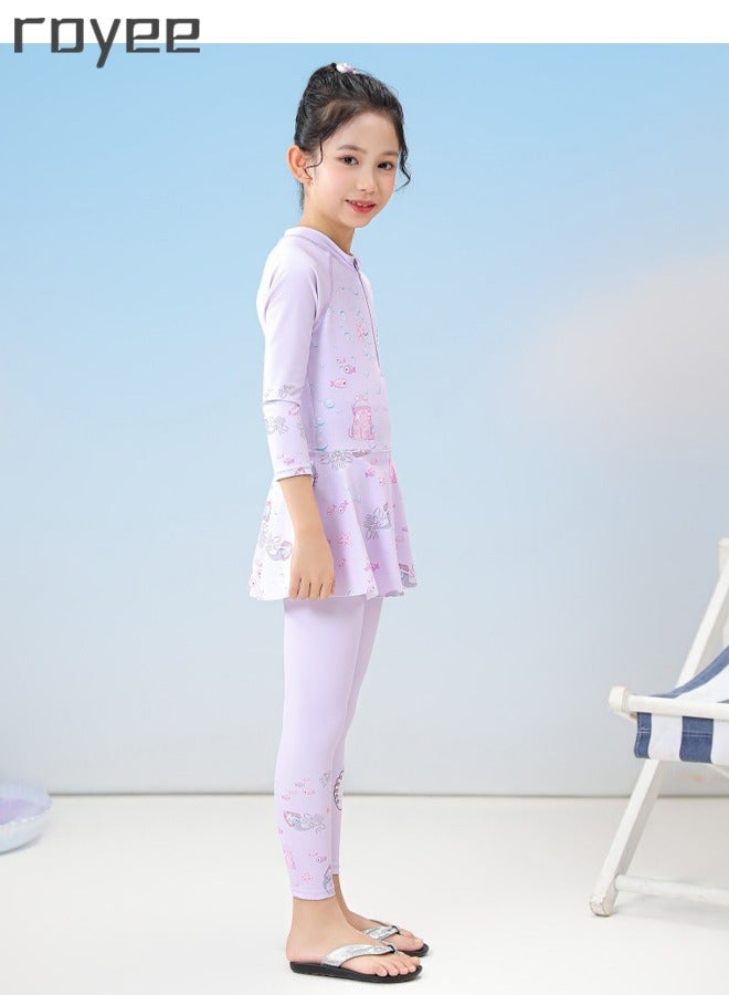 Royee New Children's Mermaid Swimsuit, One-piece Swimsuit  With Long Pants, Long Sleeved For Middle-aged Girls,Swimwear With Sun Protection, Conservative Girls' Swimsuit - Image 3