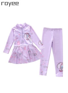 Royee New Children's Mermaid Swimsuit, One-piece Swimsuit  With Long Pants, Long Sleeved For Middle-aged Girls,Swimwear With Sun Protection, Conservative Girls' Swimsuit  - Image 1