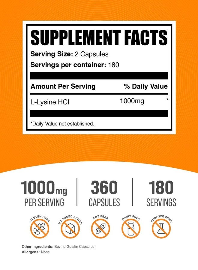 بالك سابلمنتس كبسولات إل-لايسين هيدروكلوريد من BulkSupplements.com - مكمل غذائي من اللايسين، حمض أميني أساسي - خالٍ من الغلوتين، كبسولتان (1000 ملغ) لكل جرعة، 360 كبسولة (عبوة واحدة) - Image 2