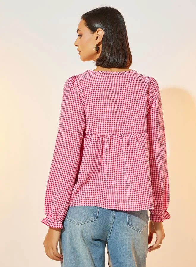 Take Two Gingham Check Wrap Pleated Waist Top