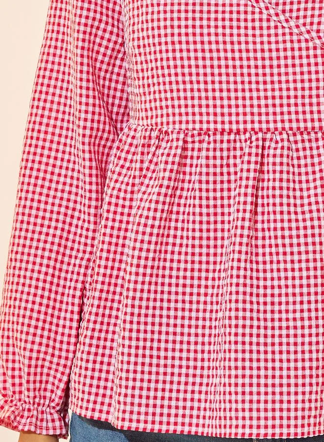 Take Two Gingham Check Wrap Pleated Waist Top