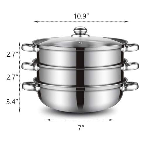 LCPUD Steamer Pot for Cooking 11 inch Stainless Steel, 3-tier Multipurpose 18/8 Stainless Steel Steam Pot Cookware with Lid for Vegetable, Dumpling, Stock, Sauce, Food - Image 2