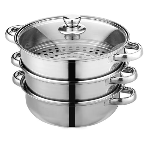 LCPUD Steamer Pot for Cooking 11 inch Stainless Steel, 3-tier Multipurpose 18/8 Stainless Steel Steam Pot Cookware with Lid for Vegetable, Dumpling, Stock, Sauce, Food - Image 1
