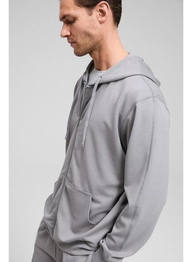 GRIMELANGE GAGE Men's Hooded Gray Sweatshirt with Metal Bird's Eye Detail, Zipper, Cord, and Pocket.