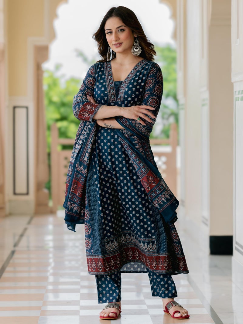 Arayna Women’s 100% Pure Cotton Printed Ethnic Suit | A-Line Kurta Set with Pant & Dupatta, Navy Blue, Small - Image 3