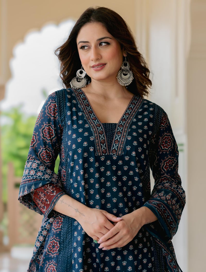 Arayna Women’s 100% Pure Cotton Printed Ethnic Suit | A-Line Kurta Set with Pant & Dupatta, Navy Blue, Small - Image 5