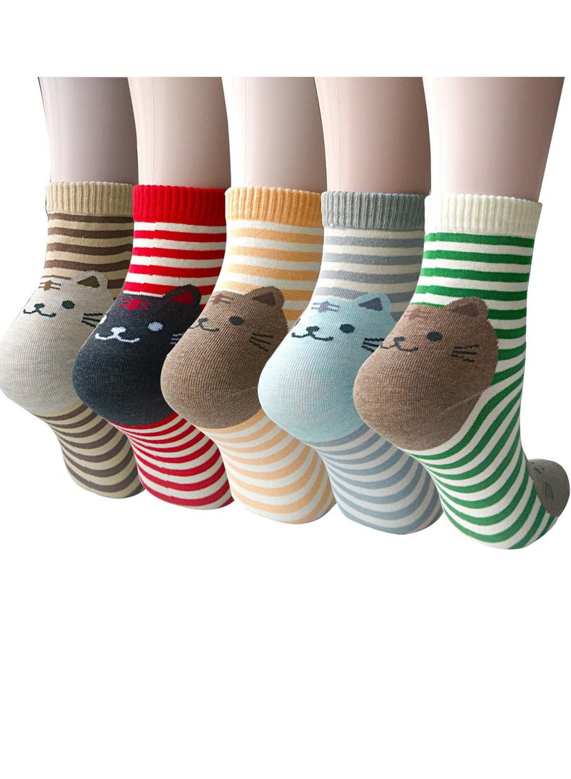 SYOSI Womens Animal Funny Socks Womens Girls Stripe Cute Cat Cotton Soft Pattern Crew Ankle Socks - Image 1